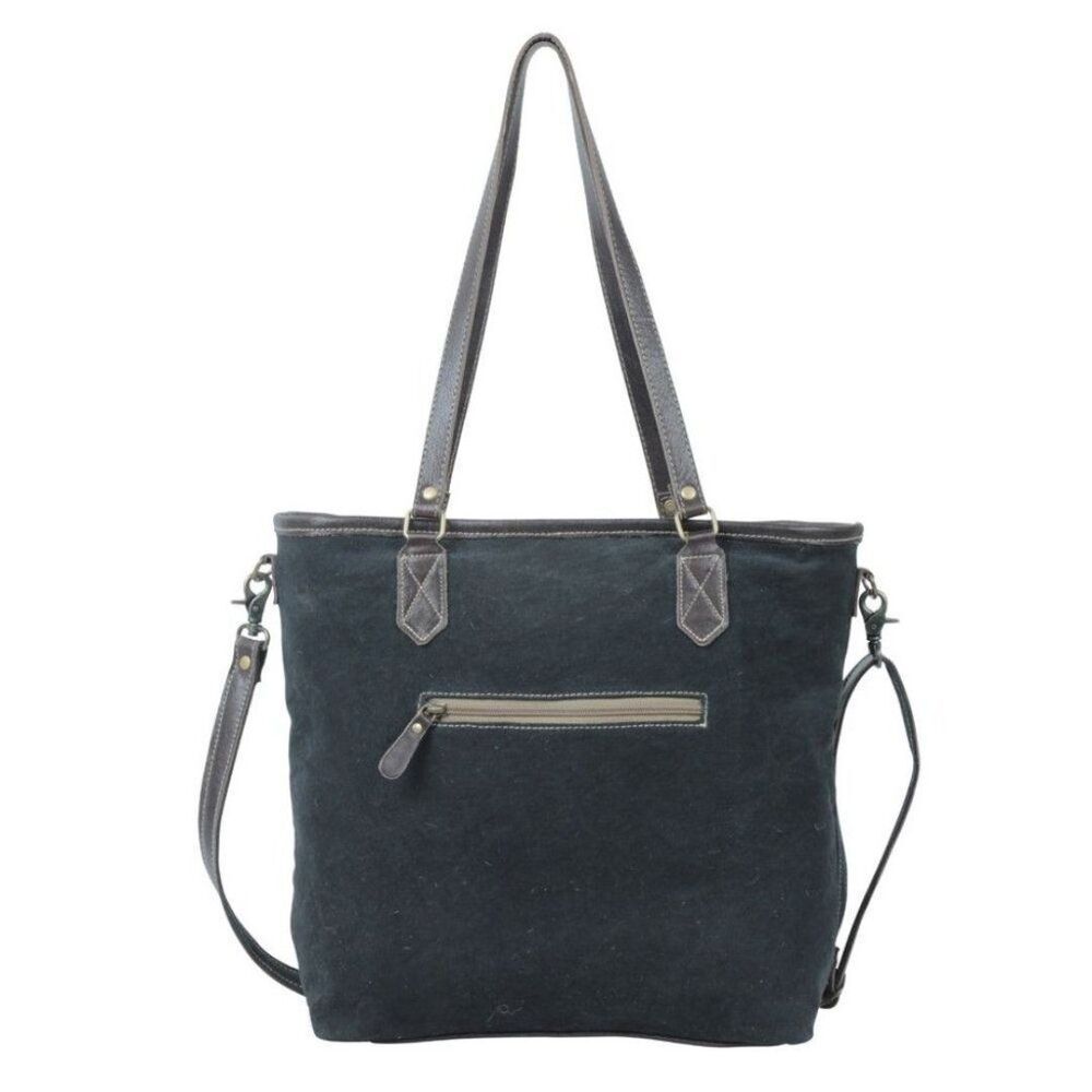 Myra Bag Handmade Panacea Tote Bag Upcycled Canvas & Cowhide Leather - Picture 4 of 9